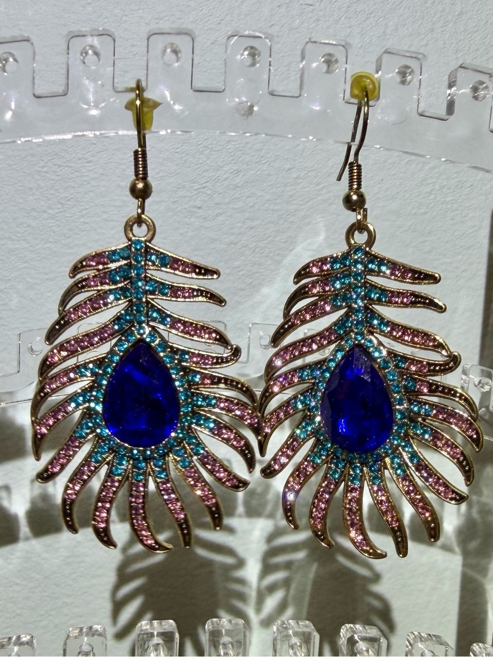 NWOT Gold Peacock Feather Drop Pierced Earrings with Vibrant Blue Teardrop Gem